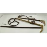 A "SWAINE" HUNTING CROP, together with TWO OTHER CROPS and a BULL NOSE LEAD CLIP (4)