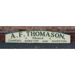 A 20TH CENTURY PAINTED METAL AND WOOD SHOP FASCIA SIGN for "A.F. Thomason, Chemist, Campden, Moreton