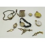 A COLLECTION OF WHITE METAL AND PLATED CASED POCKET AND WRIST WATCHES, various WATCH KEYS and a