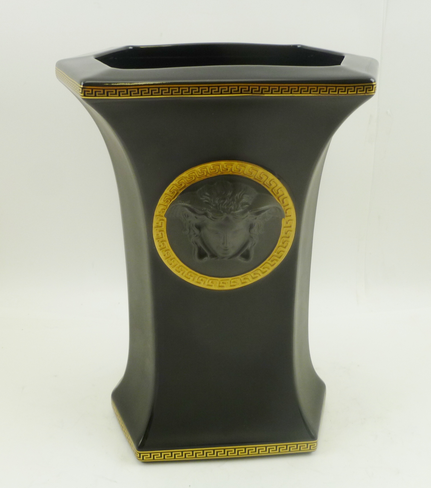 A ROSENTHAL VERSACE CERAMIC VASE, of waisted hexagonal form, black ground, with Greek key borders, - Image 2 of 3