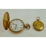 AN 18k GOLD CASED LADY'S FOB WATCH, having decorative case with gilded dial, together with a GOLD