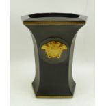 A ROSENTHAL VERSACE CERAMIC VASE, of waisted hexagonal form, black ground, with Greek key borders,