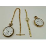 TWO GENTLEMAN'S GOLD PLATED CASED POCKET WATCHES, a yellow metal WATCH CHAIN, and a LADY'S