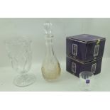 AN EDINBURGH CRYSTAL SPIRIT DECANTER with stopper, FOUR EDINBURGH WHISKY TUMBLERS, in original