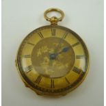 AN 18k GOLD LADY'S FOB WATCH, having ornately chased case, the gilded dial with Roman numerals