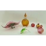 AN AMORPHIC GLASS BOWL, pink and green colour, 30cm, a lobed amber SCENT BOTTLE with stopper, and