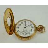 A WALTHAM U.S.A. GOLD PLATED HALF HUNTER GENTLEMAN'S POCKET WATCH, having Arabic numerals with