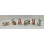 SIX ROYAL CROWN DERBY PAPERWEIGHTS "Contented Cat" with gold stopper, 11cm wide, boxed, two "