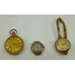 A 9CT GOLD CASED LADY'S FOB WATCH with chased case, gilded dial with Roman numerals, together with
