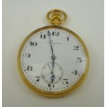 A "LONGINES" 18k GOLD CASED GENTLEMAN'S OPEN FACE POCKET WATCH, having white enamel dial with Arabic