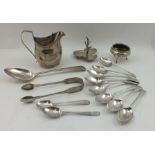 A COLLECTION OF MISCELLANEOUS SILVER WARES, includes a Georgian milk jug, a Victorian salt,