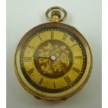 A LADY'S 14k GOLD FOB WATCH, having a decorative chased case, gilded dial with Roman numerals