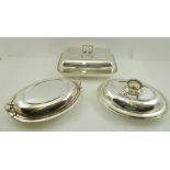 THREE SILVER PLATED VEGETABLE TUREENS with covers