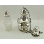 GEORGE UNITE A CUT GLASS SUGAR SIFTER of baluster form with silver cap, Birmingham 1927, together