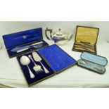 A QUANTITY OF SILVER PLATE; includes a teapot, cased dessert serving set, cased christening spoon