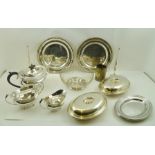 A QUANTITY OF PLATED WARES including a three-piece electro plate tea set, two vegetable dishes, a