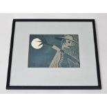 DOROTHY MORTON A pochoir probably mono-type of a stylised scarecrow in the moonlight, initialled,