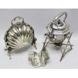 A SILVER PLATED FOLDING MUFFIN DISH, together with a SPIRIT KETTLE ON STAND, and a DESK TOP BUSINESS