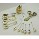 A COLLECTION OF HALLMARKED SILVER ITEMS, includes a silver Georgian milk jug, three scallop salts, a