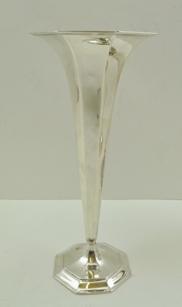 A SILVER TIFFANY VASE of tapering form, 22.5cm high, A PAIR OF SILVER CANDLESTICKS, Birmingham - Image 2 of 3