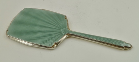 A SILVER AND GREEN GUILLOCHE ENAMEL HAND MIRROR, Chester 1939