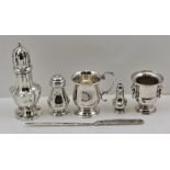 MAPPIN & WEBB A GEORGIAN DESIGN SILVER SUGAR CASTER, London 1916, 16cm high, together with a