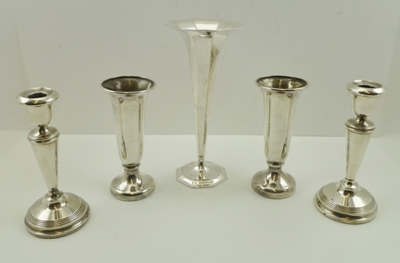 A SILVER TIFFANY VASE of tapering form, 22.5cm high, A PAIR OF SILVER CANDLESTICKS, Birmingham