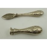 A PAIR OF ART NOUVEAU PORTUGUESE SILVER HANDLED WRITING ACCESSORIES comprising; a seal and quill