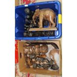 A BOX AND A CRATE CONTAINING A SELECTION OF PREDOMINANTLY AFRICAN CARVED WOODEN FIGURES, both