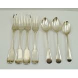 FOUR FIDDLE PATTERN SILVER TABLE FORKS, having various assay marks, together with THREE VARIOUS