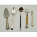 A VICTORIAN SILVER BLADED BUTTER KNIFE, a silver handled PIE SERVER, a plated TABLE SPOON, BREAD