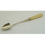 A VICTORIAN SILVER PLATED STILTON SCOOP with spiral twist handle, 27cm long