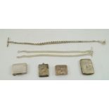 A COLLECTION OF SILVER ITEMS, includes two vesta cases, two pill boxes, a double Albert and single