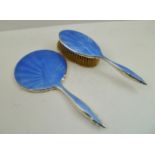 W.I. BROADWAY CO. AN ART DECO SILVER AND BLUE GUILLOCHE HAND VANITY MIRROR AND HAIR BRUSH,