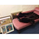 A pink upholstered chaise longue, together with a selection of various pictures to include etchings,