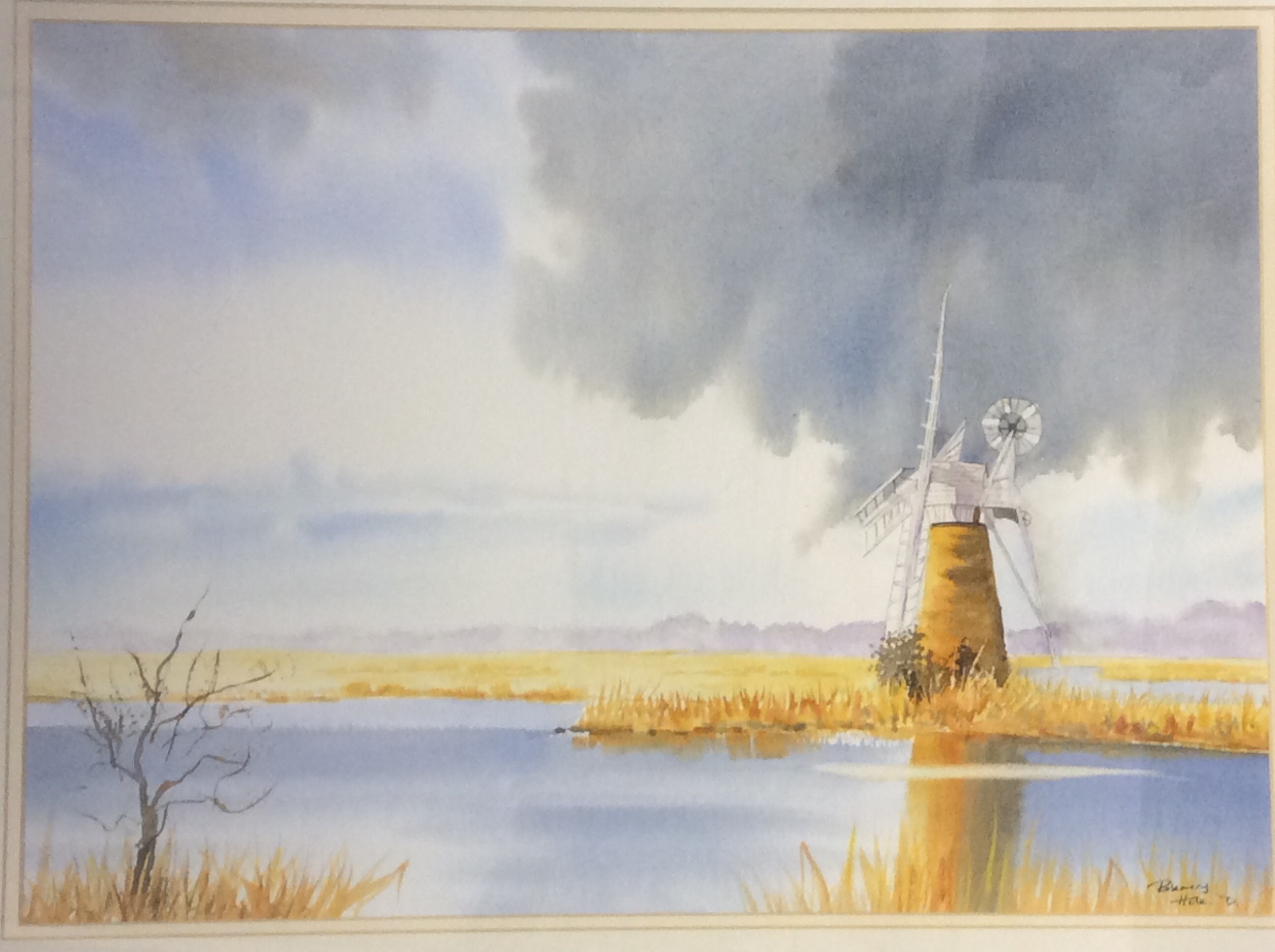 ROSEMARY HALE. Framed, glazed, signed watercolour depicting autumnal landscape with windmill, 36cm x
