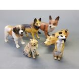 Seven assorted dog ornaments, a donkey, fox,pig, Meercat, and a cheetah.