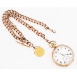 A 9ct rose gold open face crown wind pocket watch, the white enamel dial having hourly Roman numeral