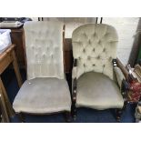 Two Edwardian green upholstered armchairs.