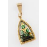 A deity pendant, yellow metal indistinctly stamped.