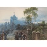ALBERT MARLOW. Framed, unsigned, watercolour on paper, town street scene with church and figures