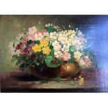 GEORGES DUVAL (Twentieth Century). Framed, signed, oil on canvas, still life with primroses in a