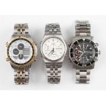 A collection of three wrist watches, to include a Seiko quartz chronograph with white dial, a