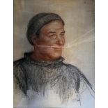 DAWN COOKSON. Framed, signed, pastel and chalk on paper, portrait of a fisherman, 51cm x 38cm.