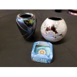 A Shelley ashtray and two small Poole pottery vases.