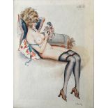C. VON SEEBACH. Framed, signed, watercolour on paper, study of nude female with a doll, 34.5cm x