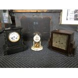 Three various mantel clocks, one slate, one wooden and one with dome and floral design.