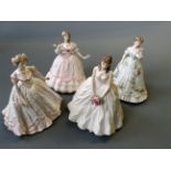 Four Royal Worcester figurines, three titled 'Charlotte', 'Sarah' and 'Amelia'.
