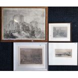 Four framed pencil, ink, and engraved landscapes. One by H. P. HUGGELL, of Chartres Cathedral; one