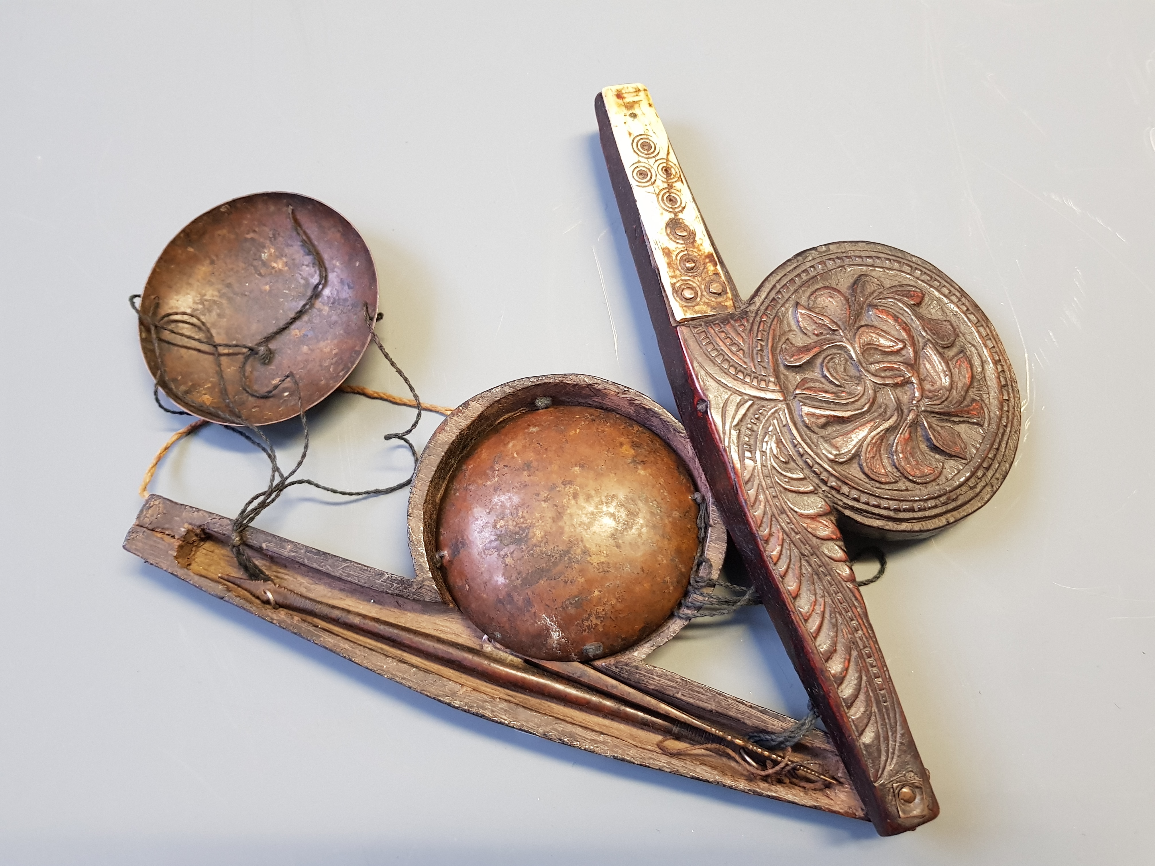 A carved oak cased opium scales, the case bone inset.